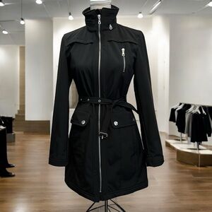 Donna Karan NY Black Scuba Hooded Mid Length Lined Lightweight Trench Coat Size